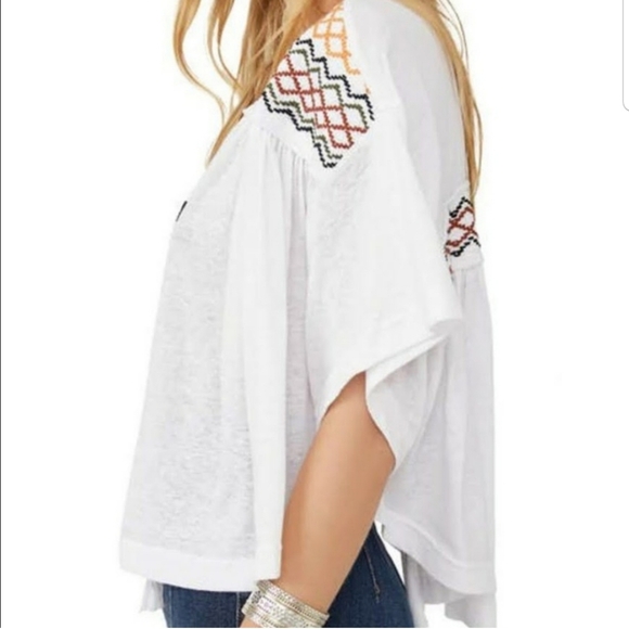 Free People Market Embroidered V Neck Tie Front Top White Oversized Medium - Picture 3 of 10